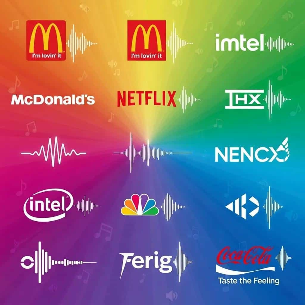 Collage of iconic brand logos and their associated sound logos, illustrating successful audio branding strategies, including McDonald's, Netflix, Intel, and Coca-Cola.