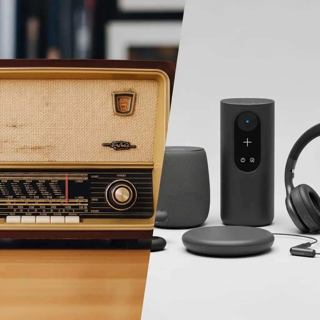 Vintage radio juxtaposed with modern audio equipment, symbolizing the evolution of audio branding and the need for updated sound identities.