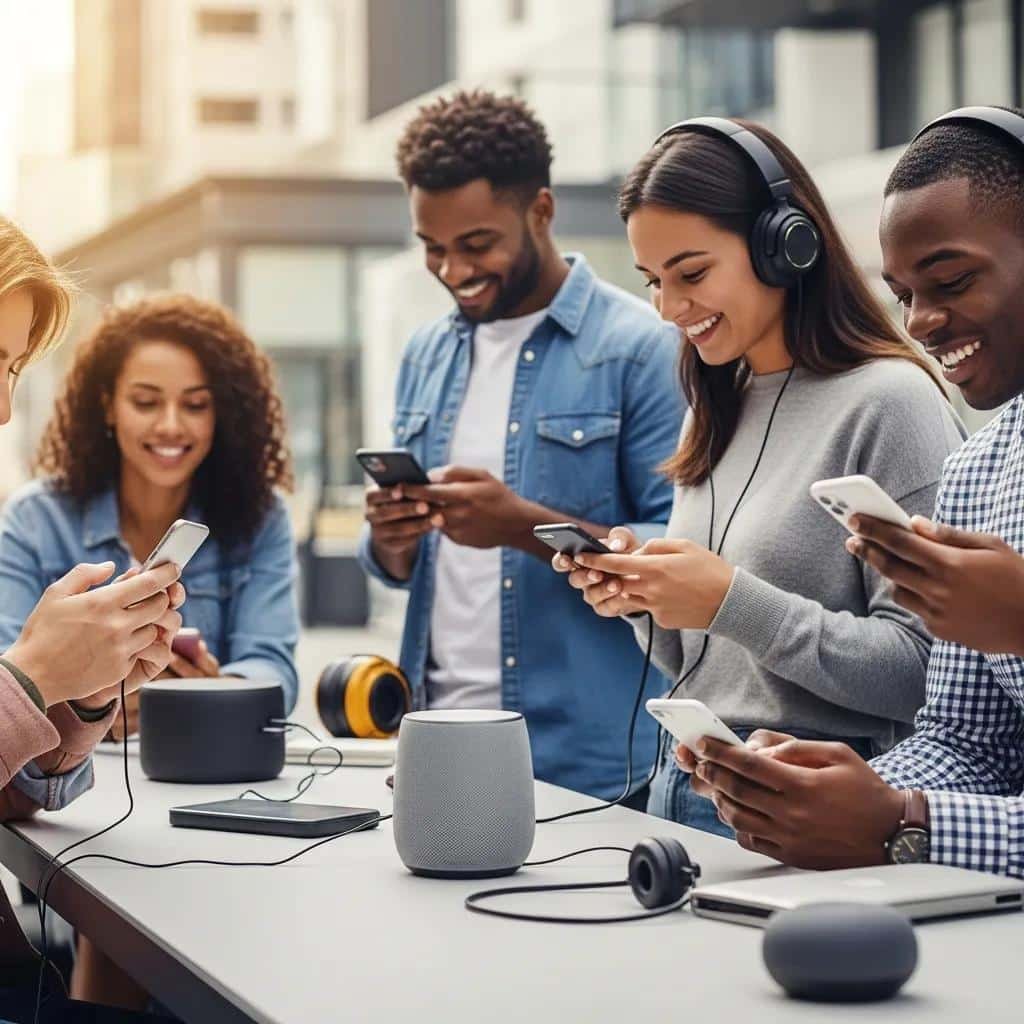 Diverse group of people engaging with audio devices in an urban setting, illustrating the importance of audio branding and sonic logos in enhancing brand recognition.