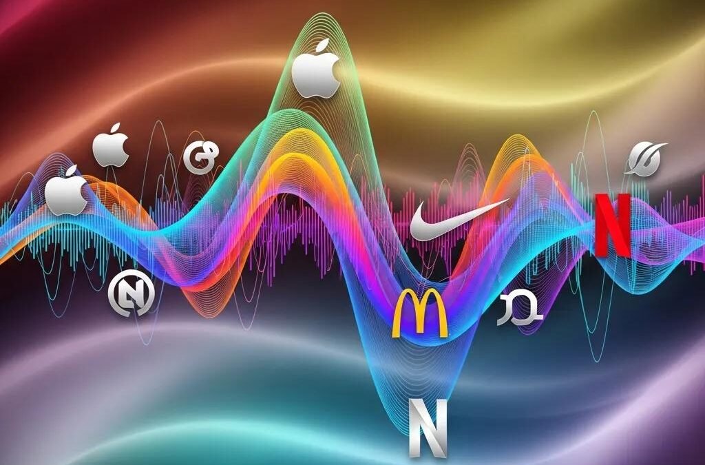 Visual representation of audio branding with sound waves and logos of brands like Apple, Nike, McDonald's, and Netflix, illustrating emotional connections and sonic identity in marketing.
