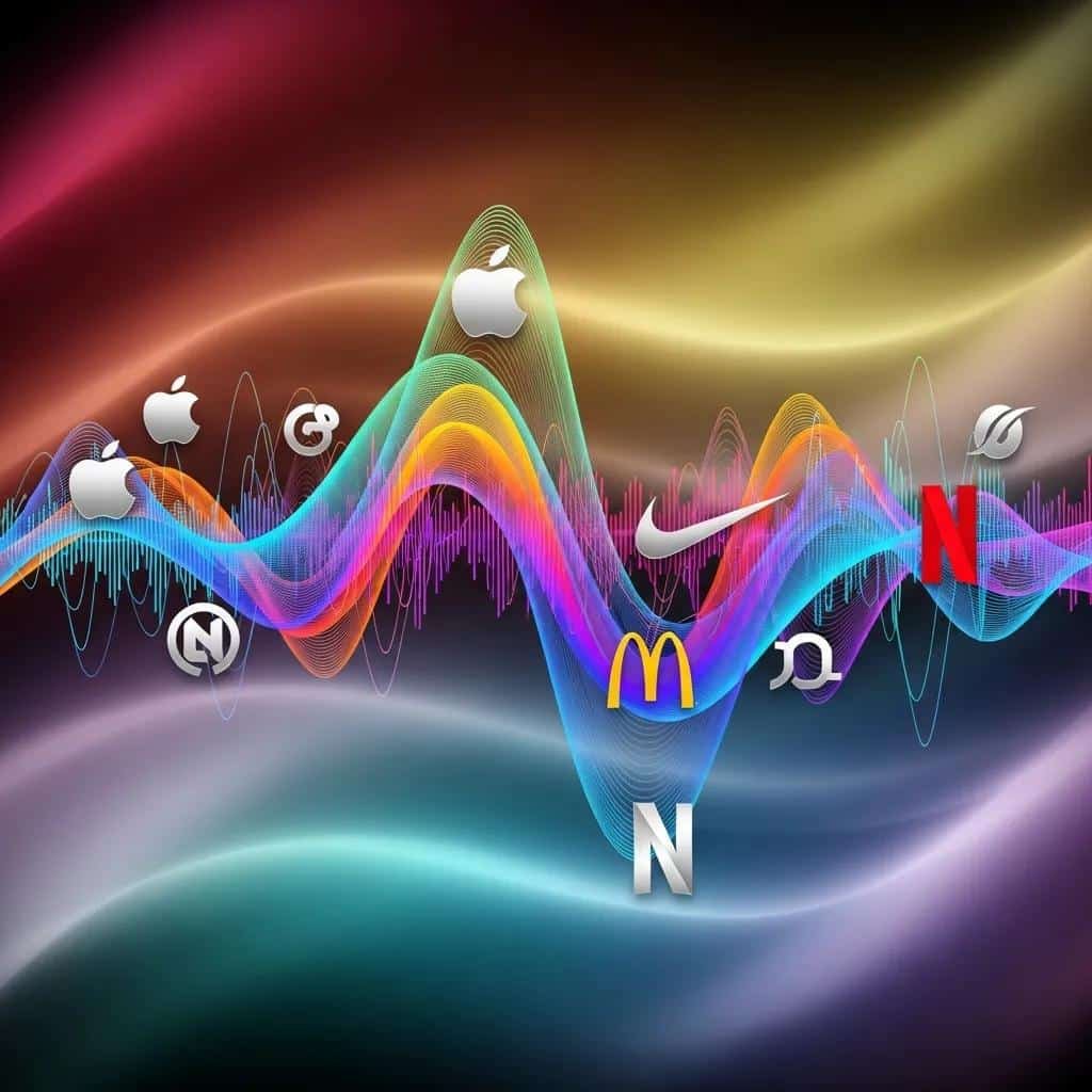 Visual representation of audio branding with sound waves and brand logos illustrating emotional connections