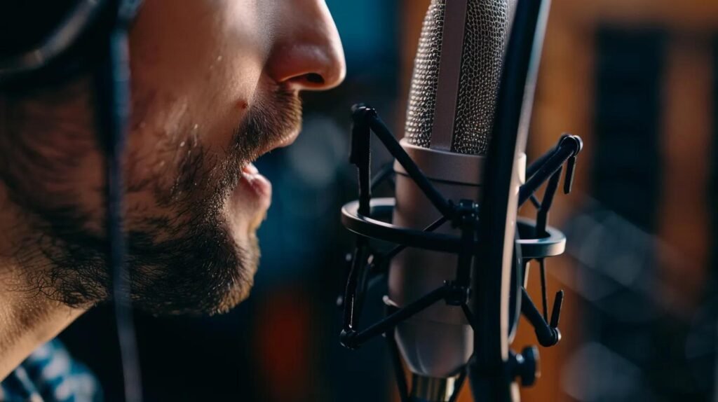 A close up of a man talking into a microphone as he records an advertisement