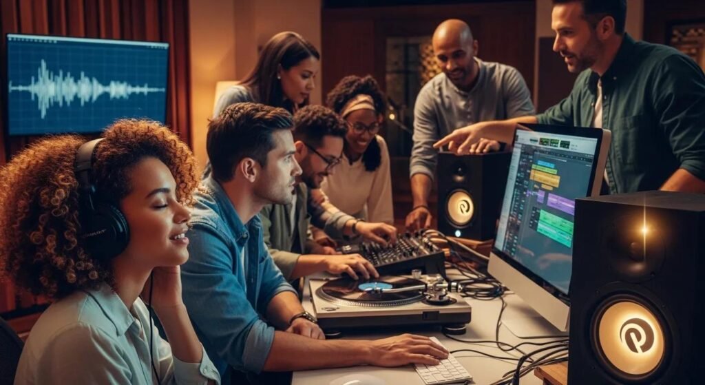 Group collaborating in a sound studio, focusing on audio production with equipment like turntables and monitors, embodying the essence of sound branding and jingle creation.