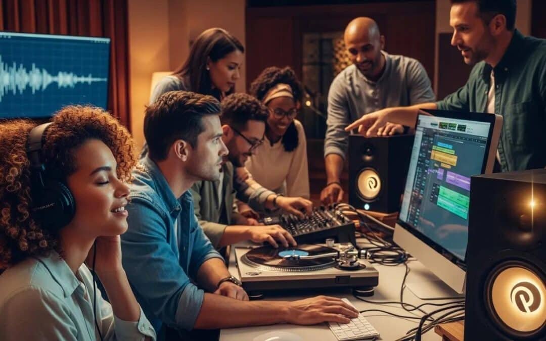 Group of diverse individuals collaborating in a sound studio, focusing on audio branding and music production, with sound equipment and a computer displaying audio editing software.