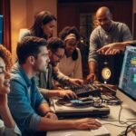 Group of diverse individuals collaborating in a studio, working on audio branding projects, focusing on sound design and jingle creation.