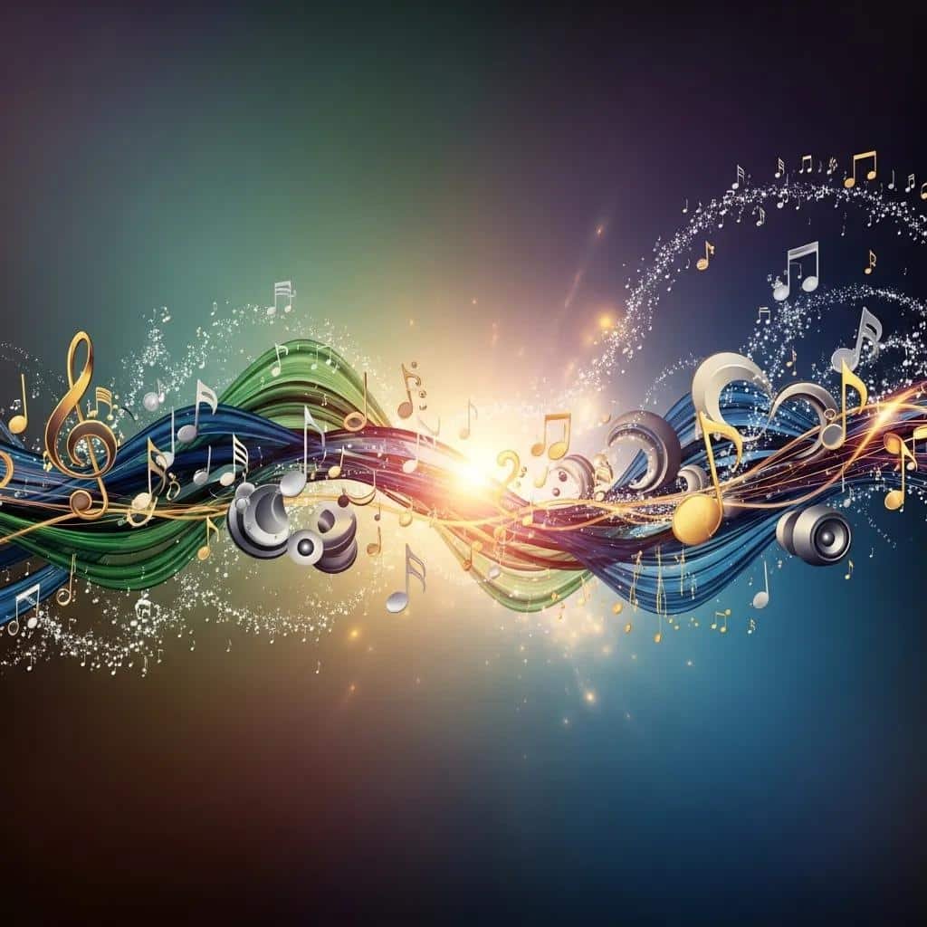 Artistic depiction of vibrant sound waves and musical notes representing authenticity in audio branding, illustrating the emotional connection and trust-building aspects of sound in branding strategies.