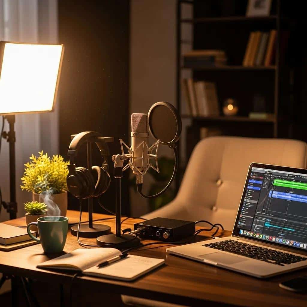 Cozy home studio setup for podcasting featuring a microphone, headphones, laptop with audio editing software, and a steaming mug, highlighting the rise of branded audio content and personalized audio experiences.