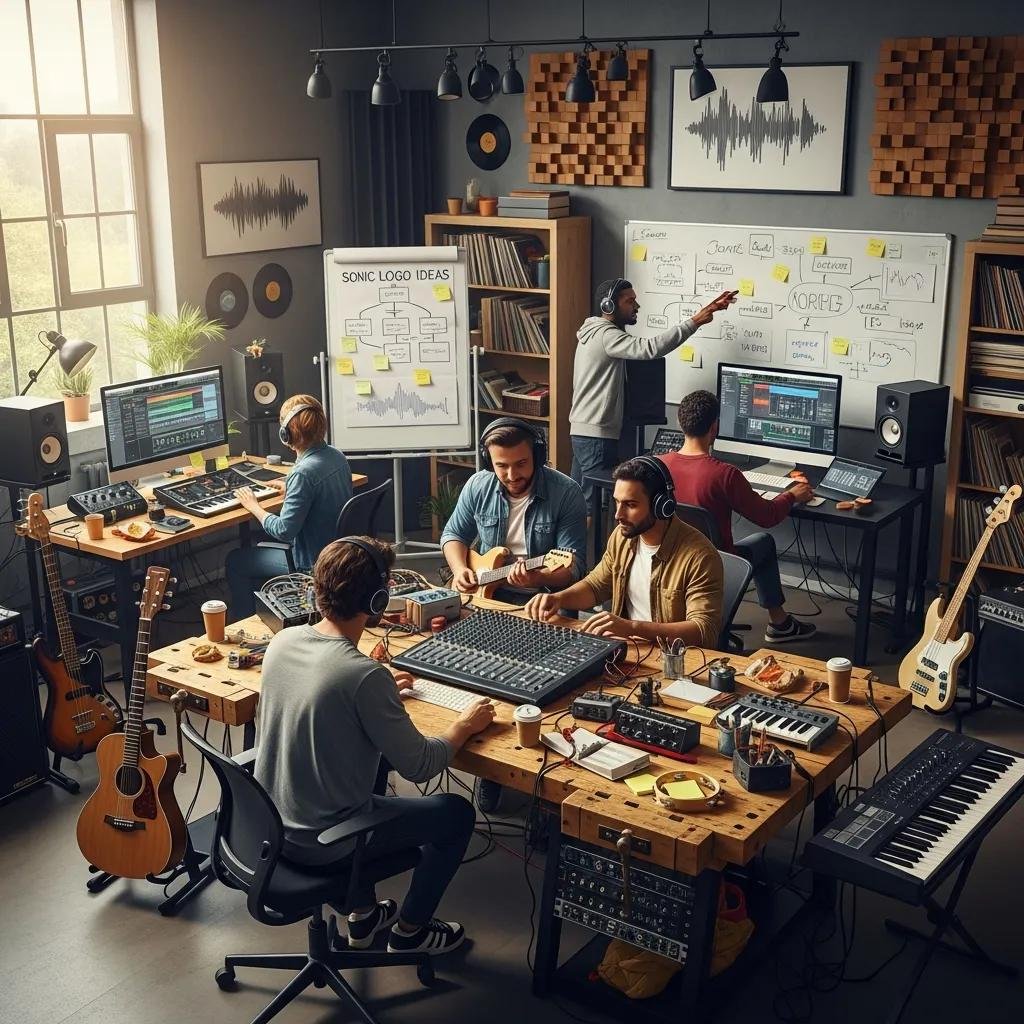 Creative team collaborating on audio branding in a vibrant workspace, featuring musicians with instruments, audio equipment, and a whiteboard displaying sonic logo ideas.