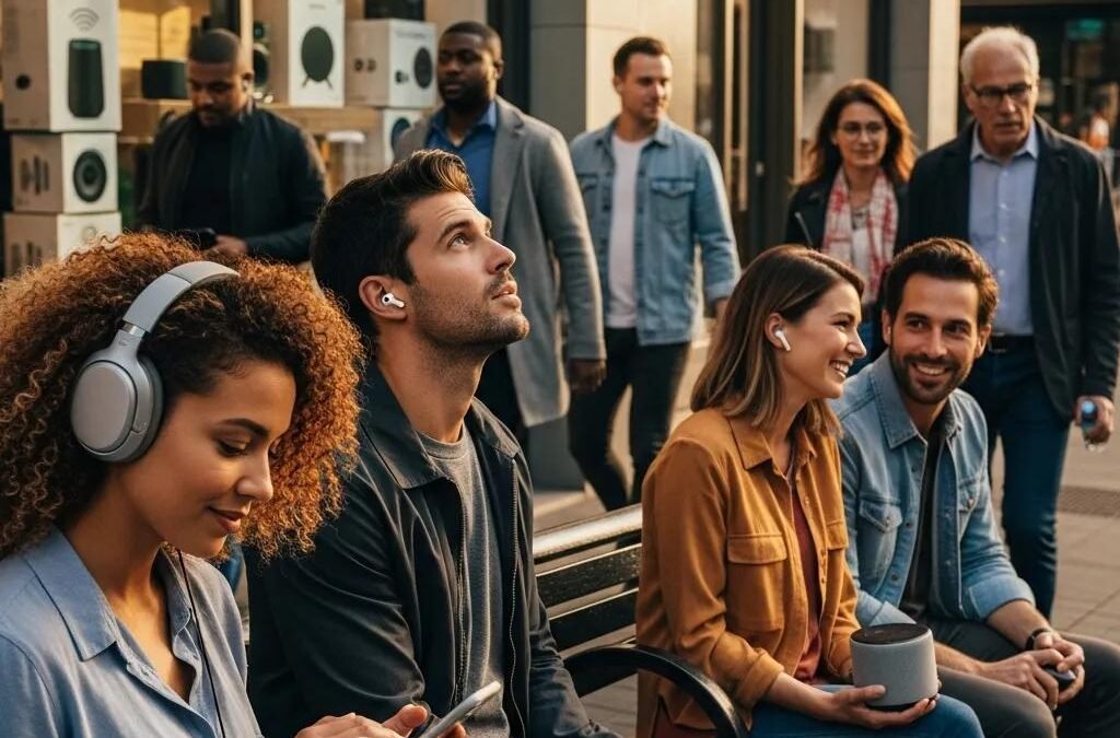 Diverse individuals engaging with audio devices in an urban setting, illustrating the growth of the audio market and sound branding strategies.