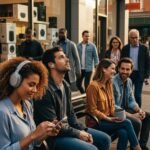 Diverse individuals engaging with audio devices in an urban environment, illustrating the growth of the audio market and the versatility of sound branding.