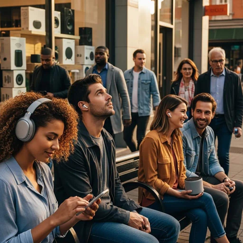 Diverse individuals engaging with audio devices in an urban environment, illustrating the growth of the audio market
