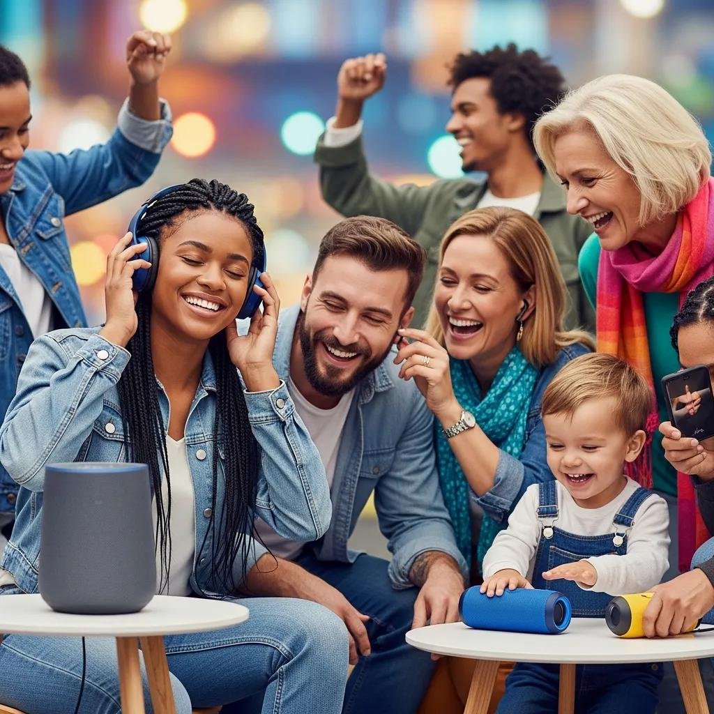 Diverse individuals enjoying audio branding through headphones and smart speakers