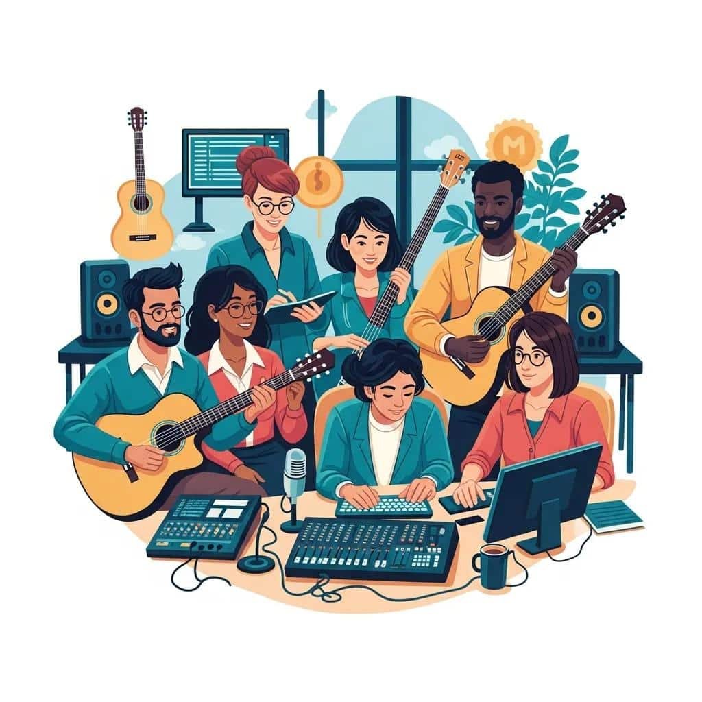 Diverse team collaborating on audio branding strategies with musical instruments and equipment