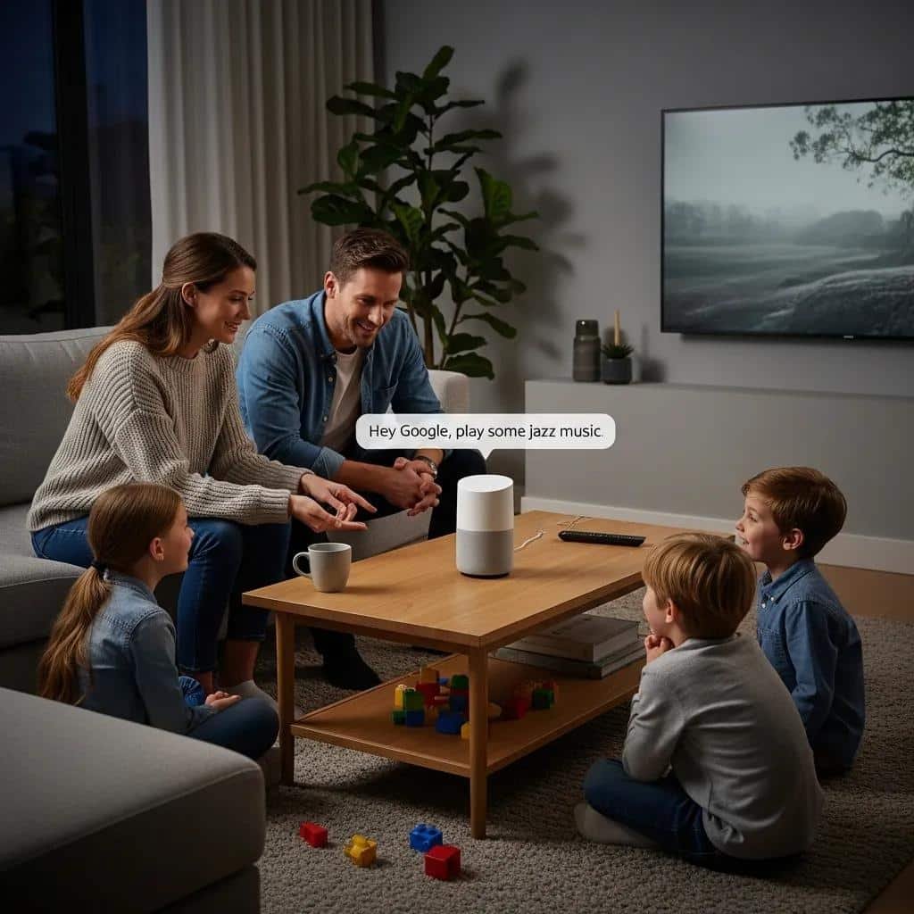 Family interacting with a smart speaker in a modern living room, illustrating the role of voice assistants in enhancing audio experiences and engagement.