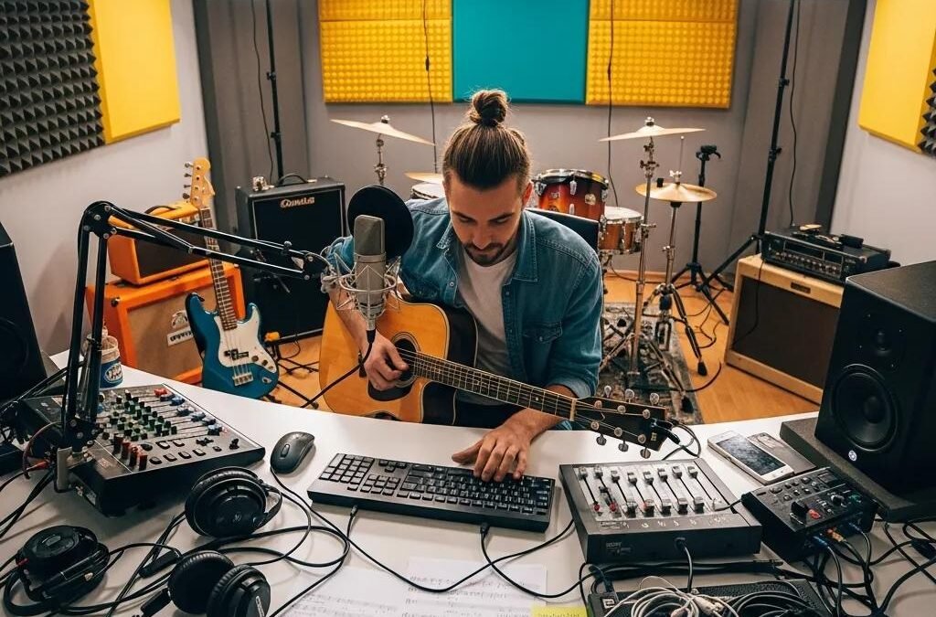 Musician composing a catchy radio jingle in a lively studio, featuring musical instruments, sound equipment, and a mixing console, emphasizing audio branding and jingle production.