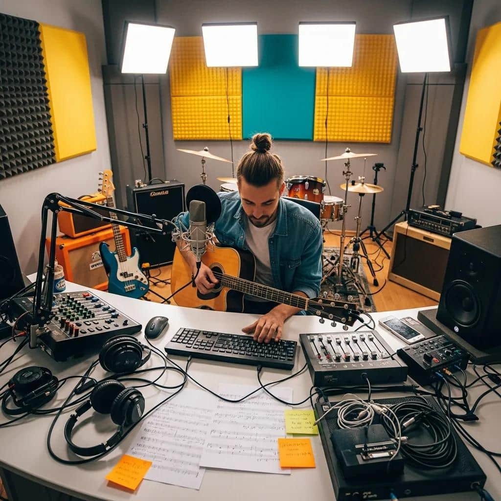 Musician composing a catchy jingle in a lively radio studio, surrounded by musical instruments, sound equipment, and recording tools, illustrating the creative process of sound branding.