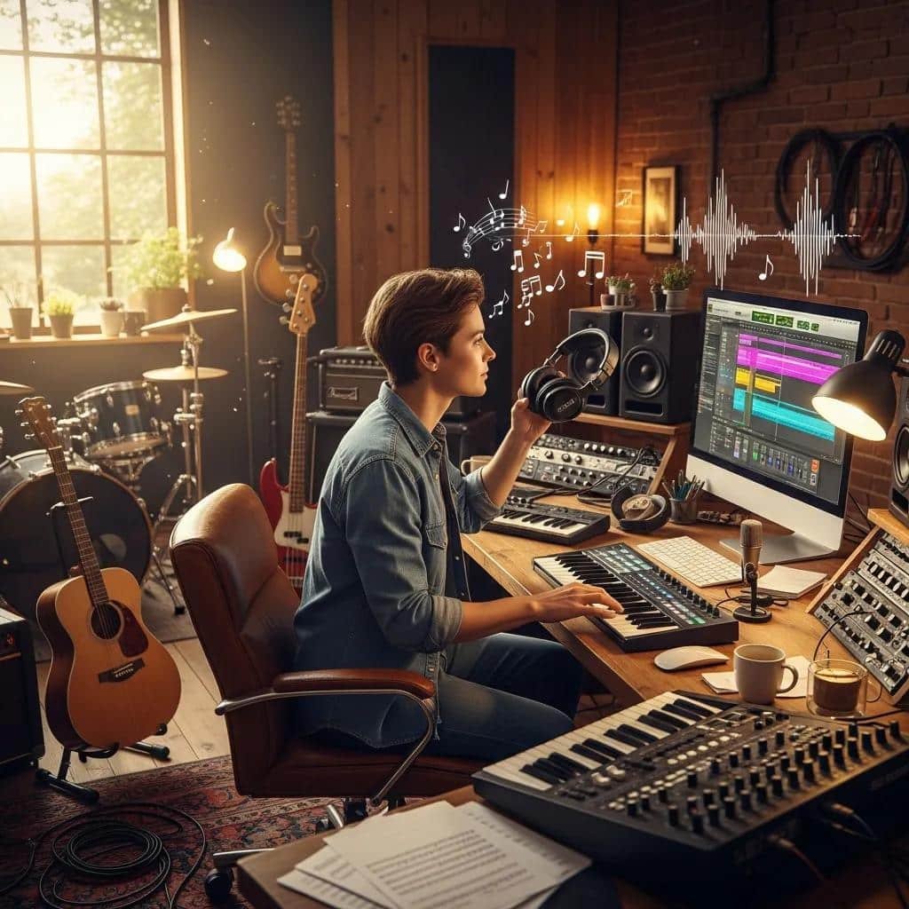 Musician composing a jingle in a studio, surrounded by musical instruments and audio equipment, illustrating the creative process of audio branding.