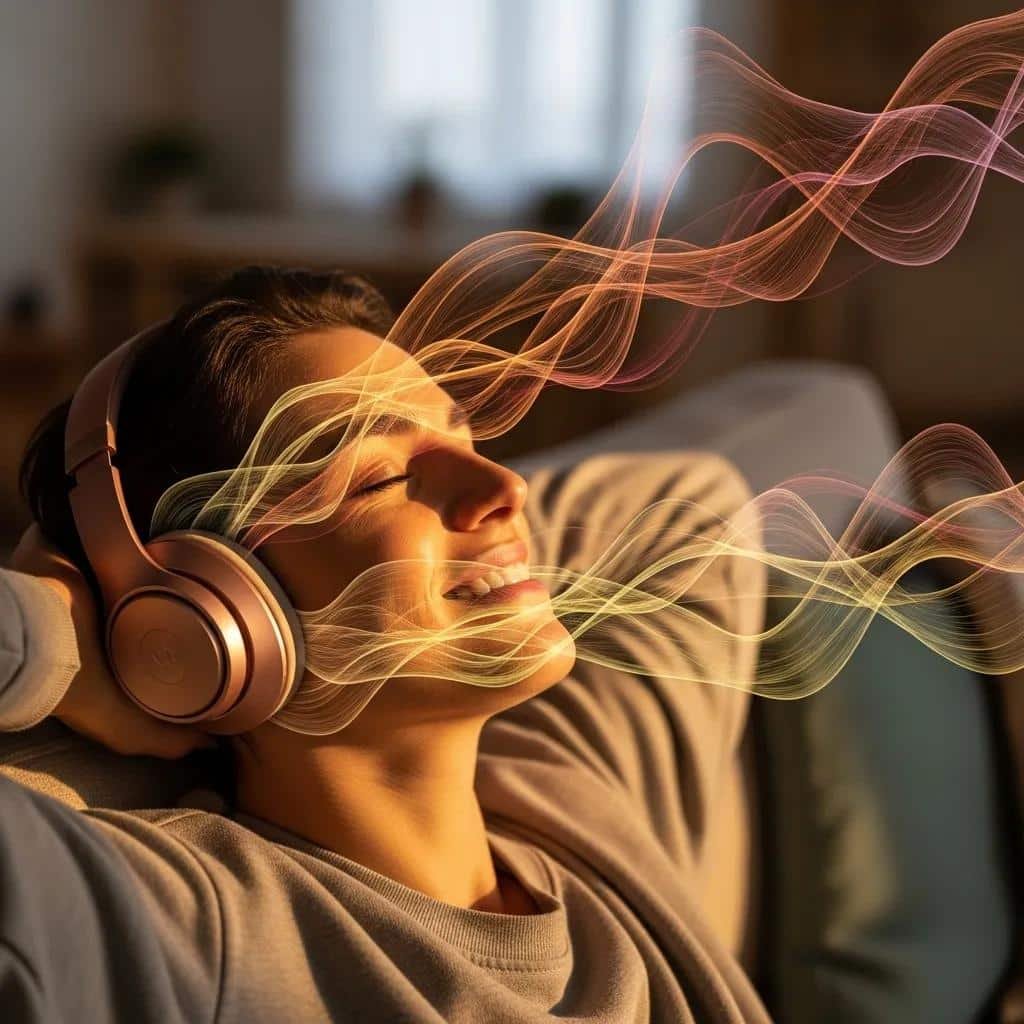 Person enjoying music with headphones, illustrating emotional impact of sonic branding and logos through sound waves.