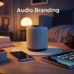 Smart speaker in a cozy living room, symbolizing audio branding for voice assistants