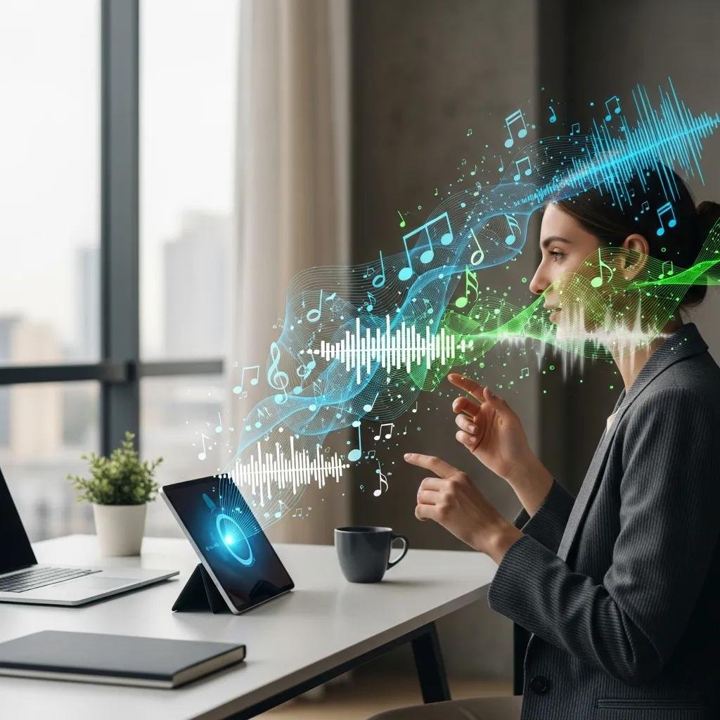 User interacting with a voice assistant, showcasing soundscapes in a modern workspace