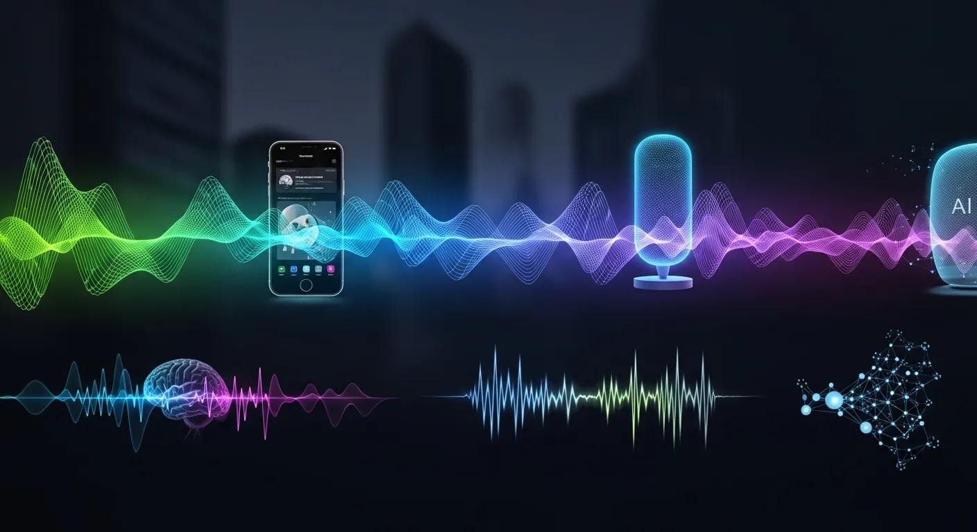 Audio waveforms, smartphone with audio app interface, smart speakers, and AI elements symbolizing audio branding and technology integration for enhanced customer interaction across platforms.