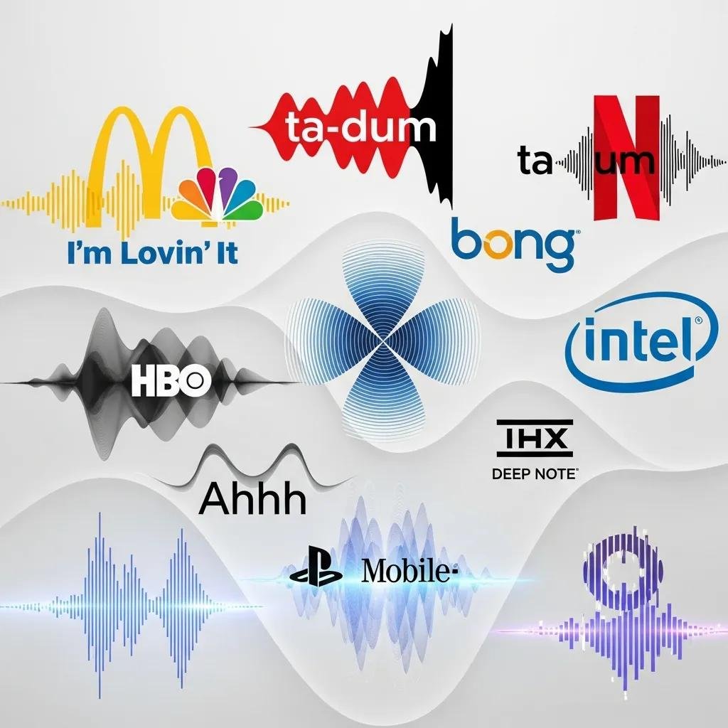 Artistic display of recognizable sonic logos, including McDonald's "I'm Lovin' It," NBC's "ta-dum," Netflix, HBO, Intel, and PlayStation, showcasing distinct sound signatures and audio branding concepts.