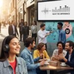 Diverse group enjoying audio branding elements, emphasizing emotional connection and engagement