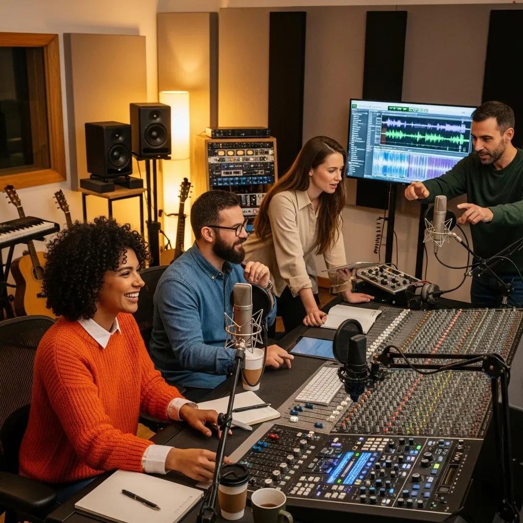 Diverse team collaborating in a creative workspace with audio equipment, emphasizing authenticity in audio branding