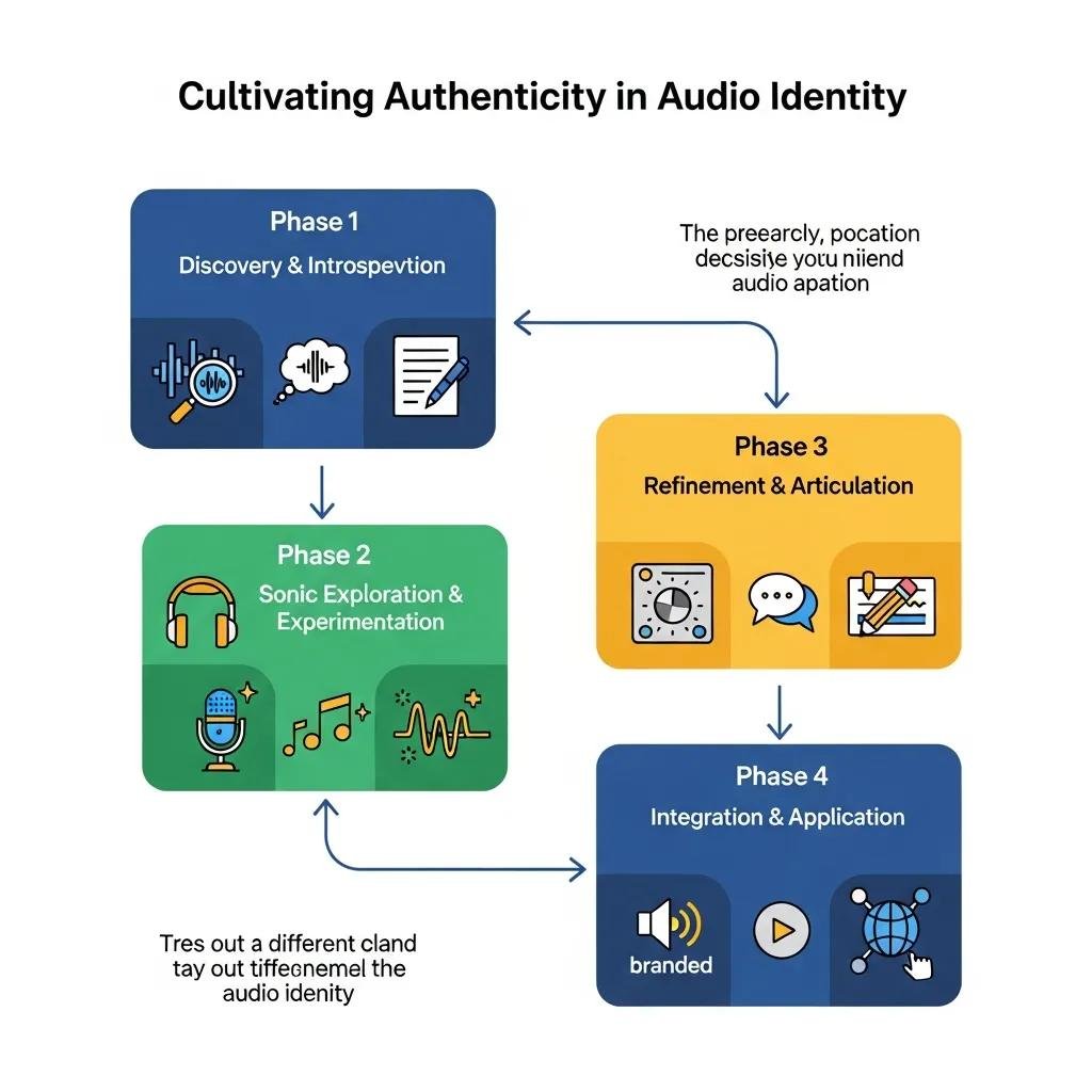 Flowchart illustrating the four-phase workflow for cultivating authenticity in audio identity