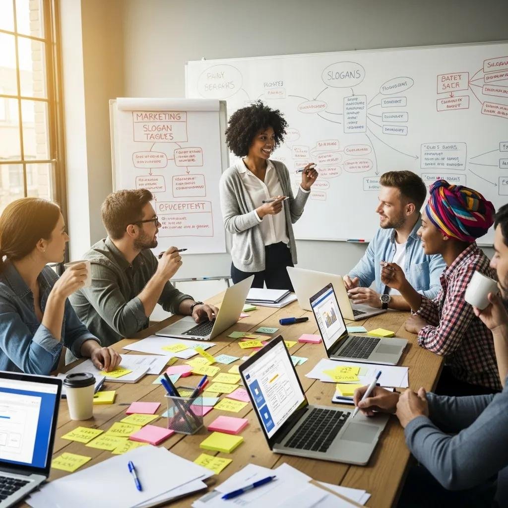 Creative workspace with marketers brainstorming slogans and taglines, emphasizing collaboration and innovation