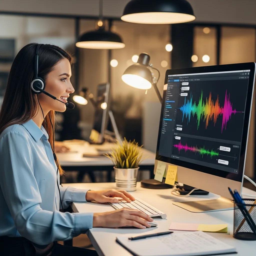 Professional office environment with a customer service representative on a call, emphasizing custom phone hold music