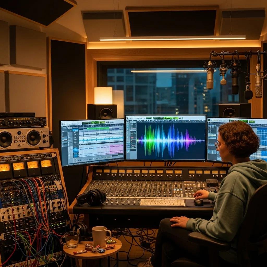 Sound designer in a modern studio with audio equipment, illustrating the importance of sound design in television commercials