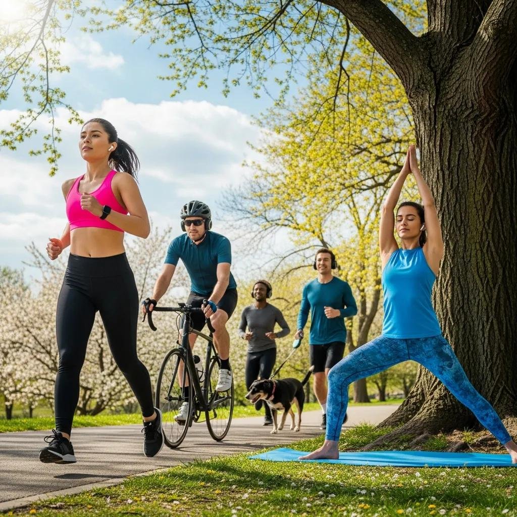 Diverse group of fitness enthusiasts enjoying motivational audio during workouts in a sunny outdoor setting