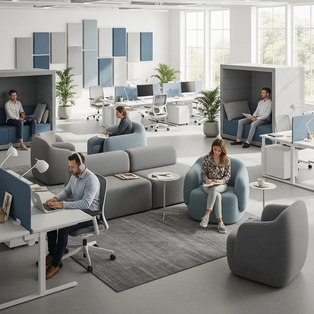 Modern office with acoustic panels and sound-absorbing furniture for noise reduction