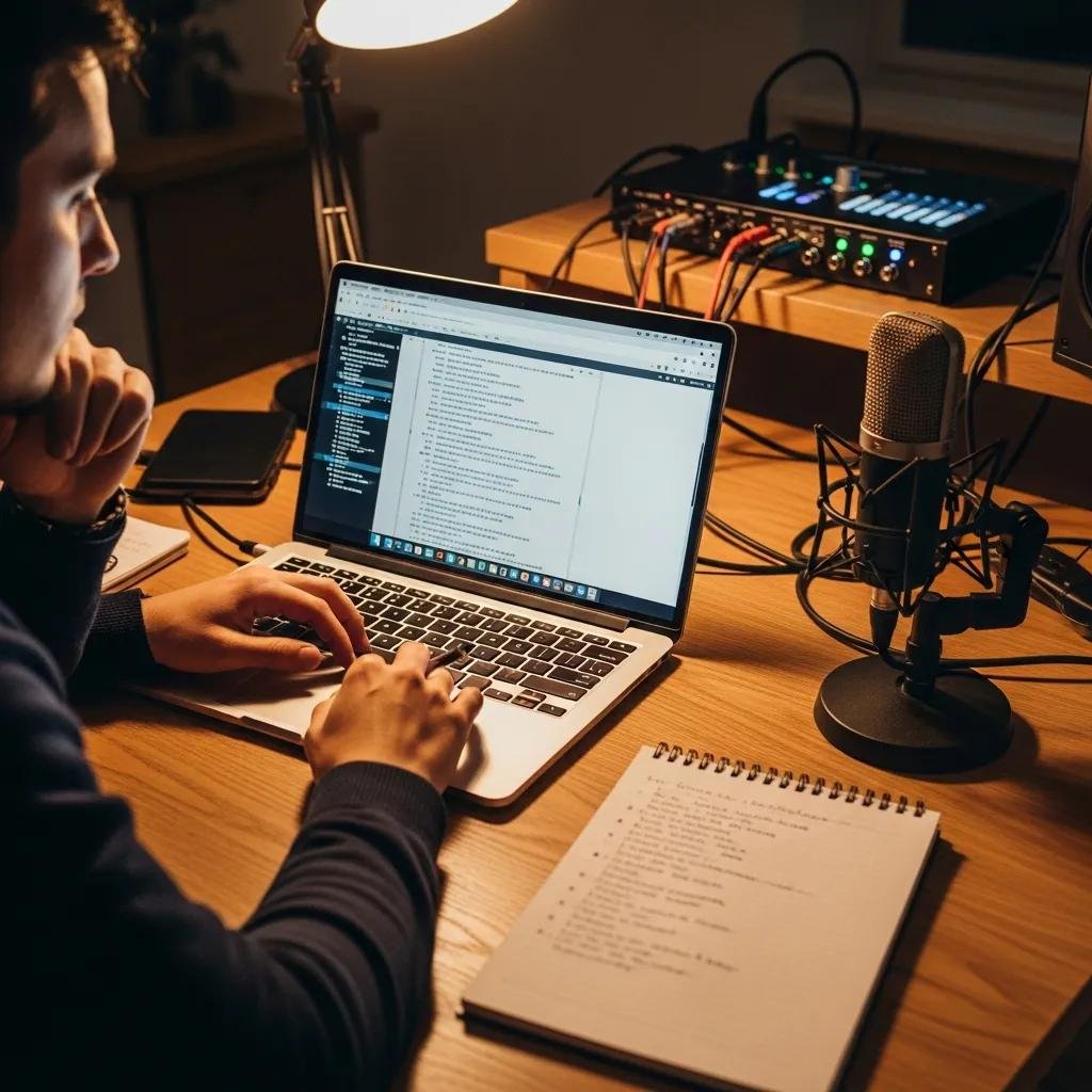 Person writing a voiceover script at a desk with a laptop and microphone, illustrating the art of scriptwriting