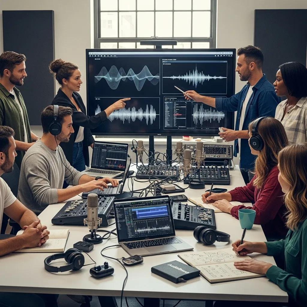 A modern workspace illustrating audio branding concepts with sound waves and digital devices