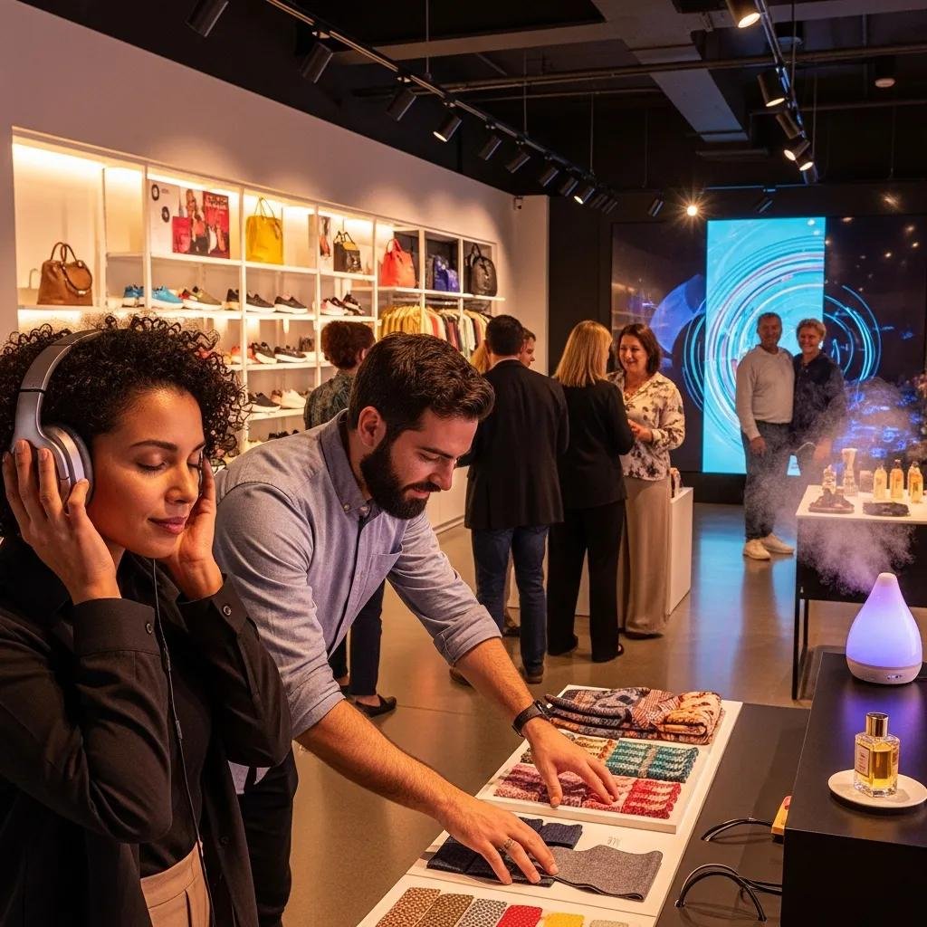 Diverse group experiencing sensory branding in a retail setting with colorful displays and sound elements